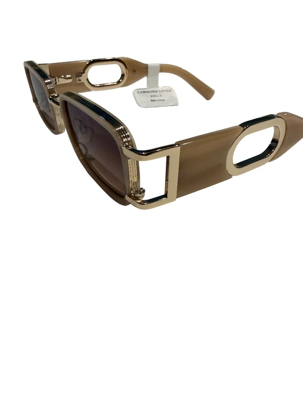 NEW CAROLINA Lemke Axis Beige Brown Gold Rectangular Sunglasses
